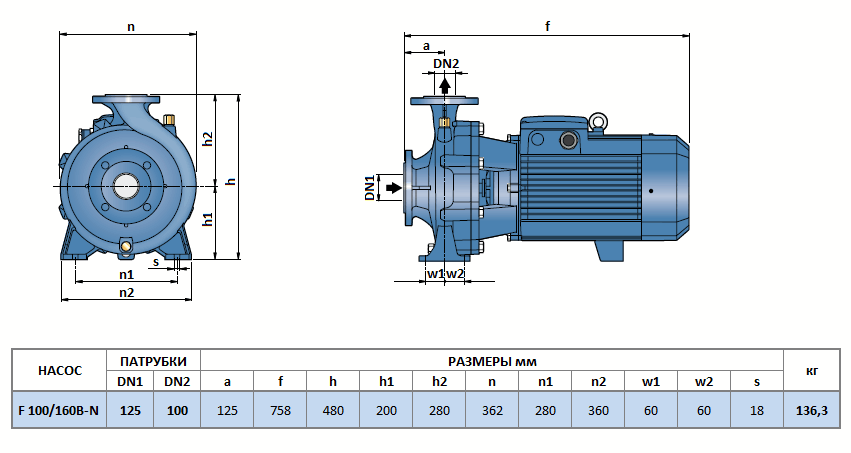 Габаритный чертеж насоса Pedrollo F 100/160B-N