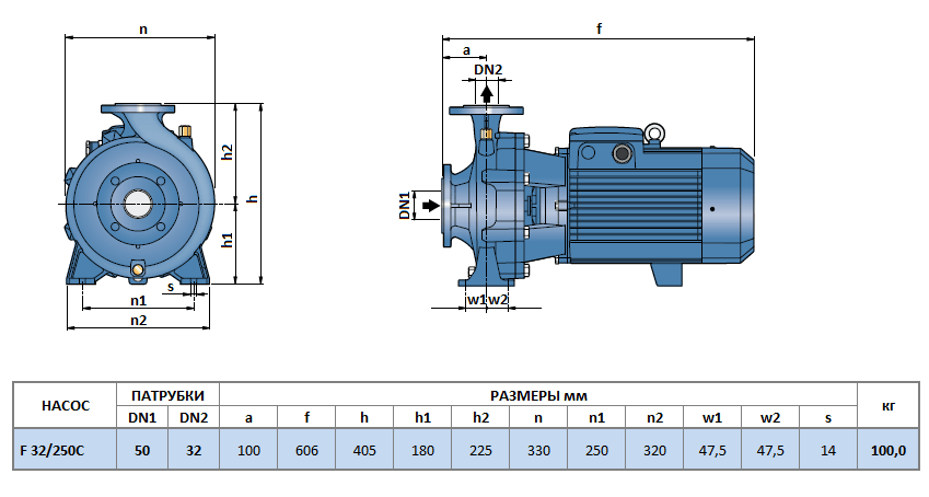 Габаритный чертеж насоса Pedrollo F 32/250C