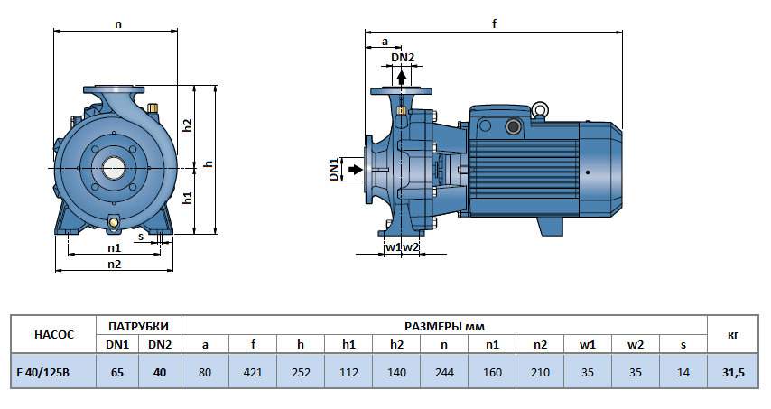 Габаритный чертеж насоса Pedrollo F 40/125B