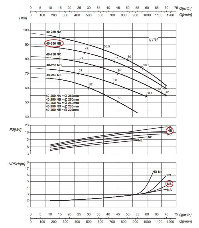 График рабочих характеристик центробежного насоса Saer IR40-250 NB