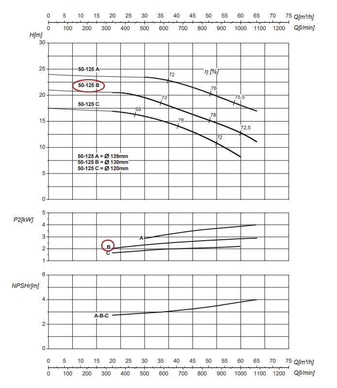 График рабочих характеристик центробежного насоса Saer IR50-125 B