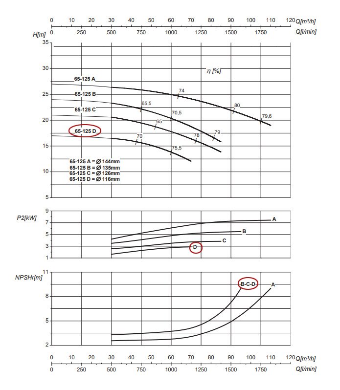 График рабочих характеристик центробежного насоса Saer IR65-125 D