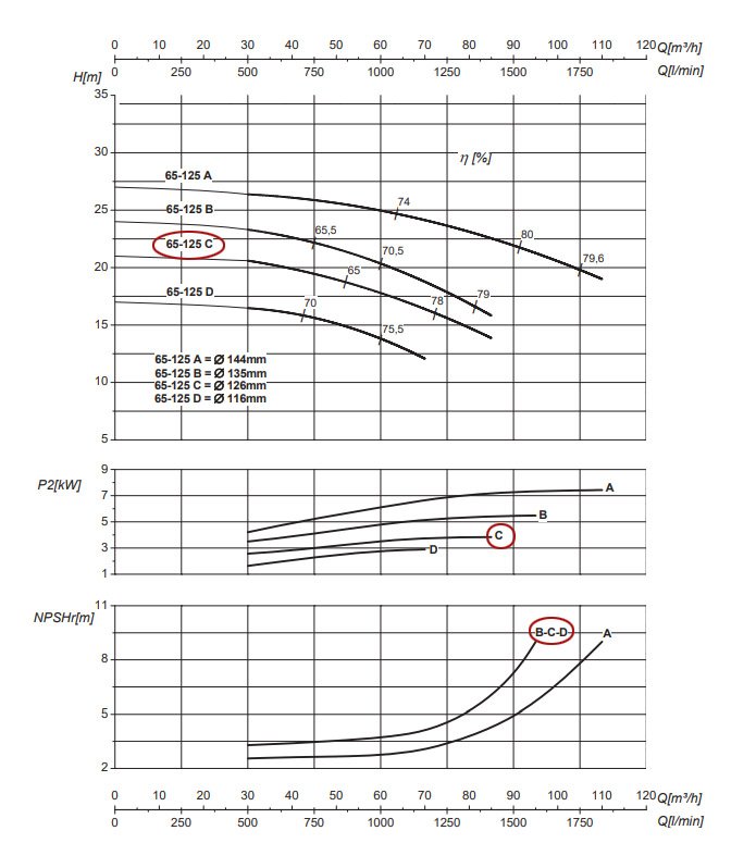 График рабочих характеристик центробежного насоса Saer IR65-125 C