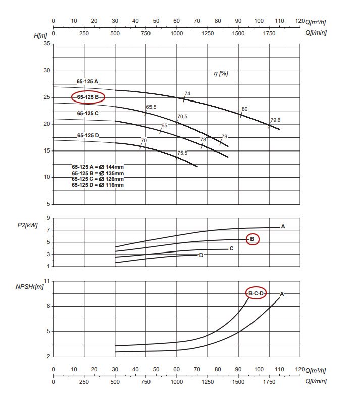 График рабочих характеристик центробежного насоса Saer IR65-125 B