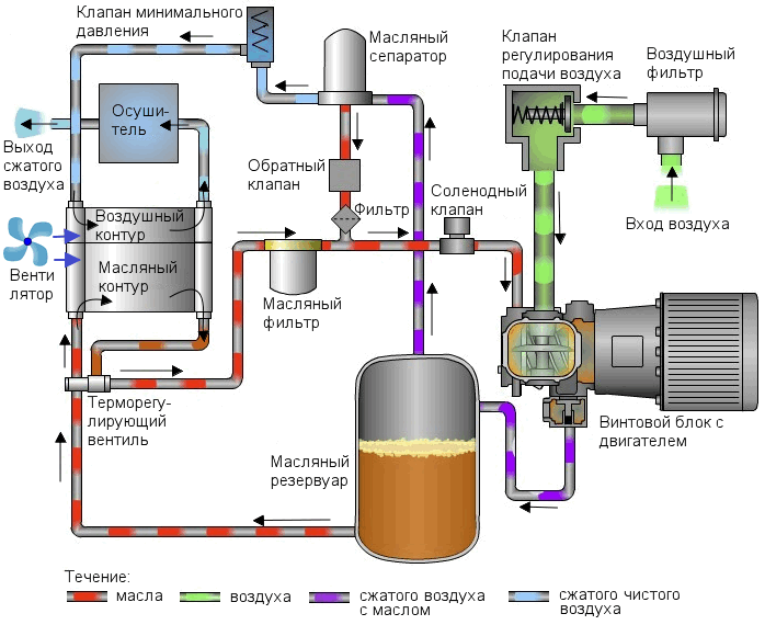 Схема рабочих элементов винтового компрессора