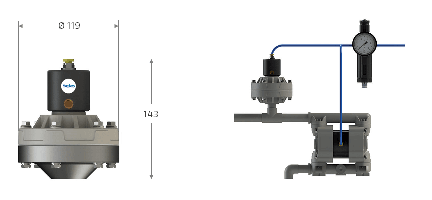 Габаритные размеры и схема установки демпфера пульсаций Seko DAF X2 020