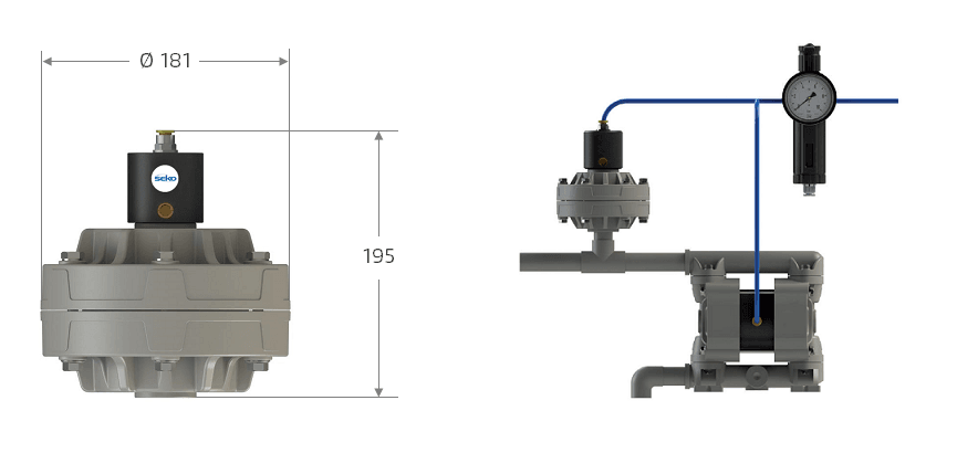 Габаритные размеры и схема установки демпфера пульсаций Seko DAF X2 025