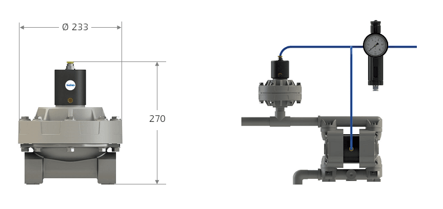 Габаритные размеры и схема установки демпфера пульсаций Seko DAF X2 040
