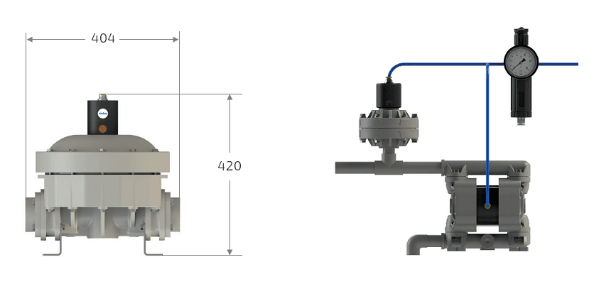 Габаритные размеры и схема установки демпфера пульсаций Seko DAF X2 050