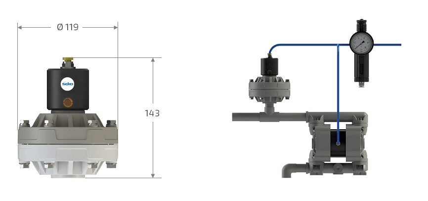 Габаритные размеры и схема установки демпфера пульсаций Seko DAF X2 020